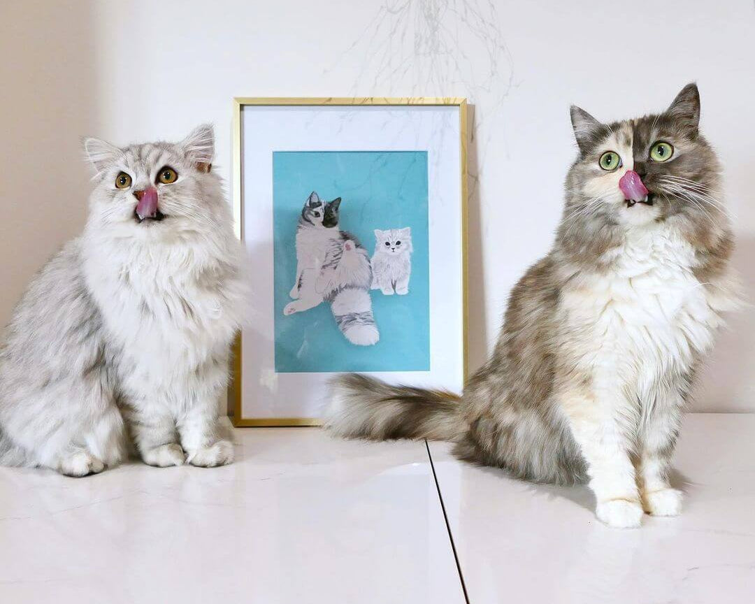 @geri.cat & Taiga the two face ragdoll adventure cats standing next to portrait of themselves