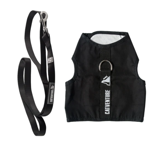 Black Catventure escape proof cat harness and black recycled plastic cat lead