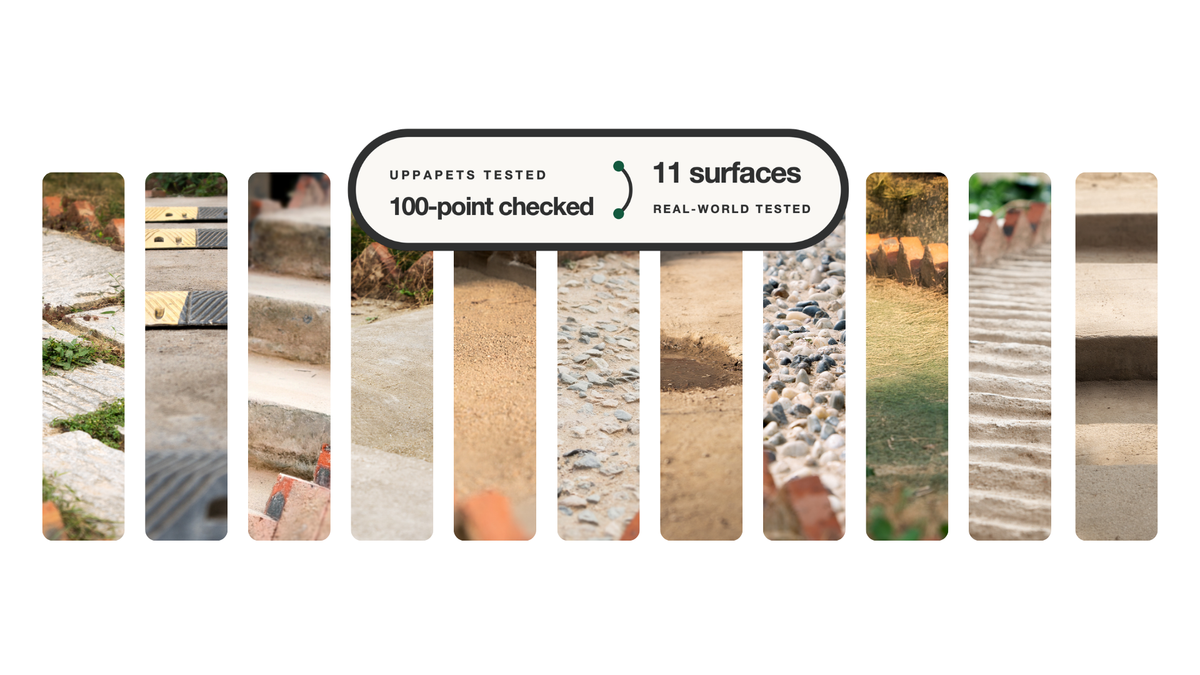 Eleven photographic strips of real-world surfaces with the Uppapets 100-point checked and 11 surfaces tested badge.